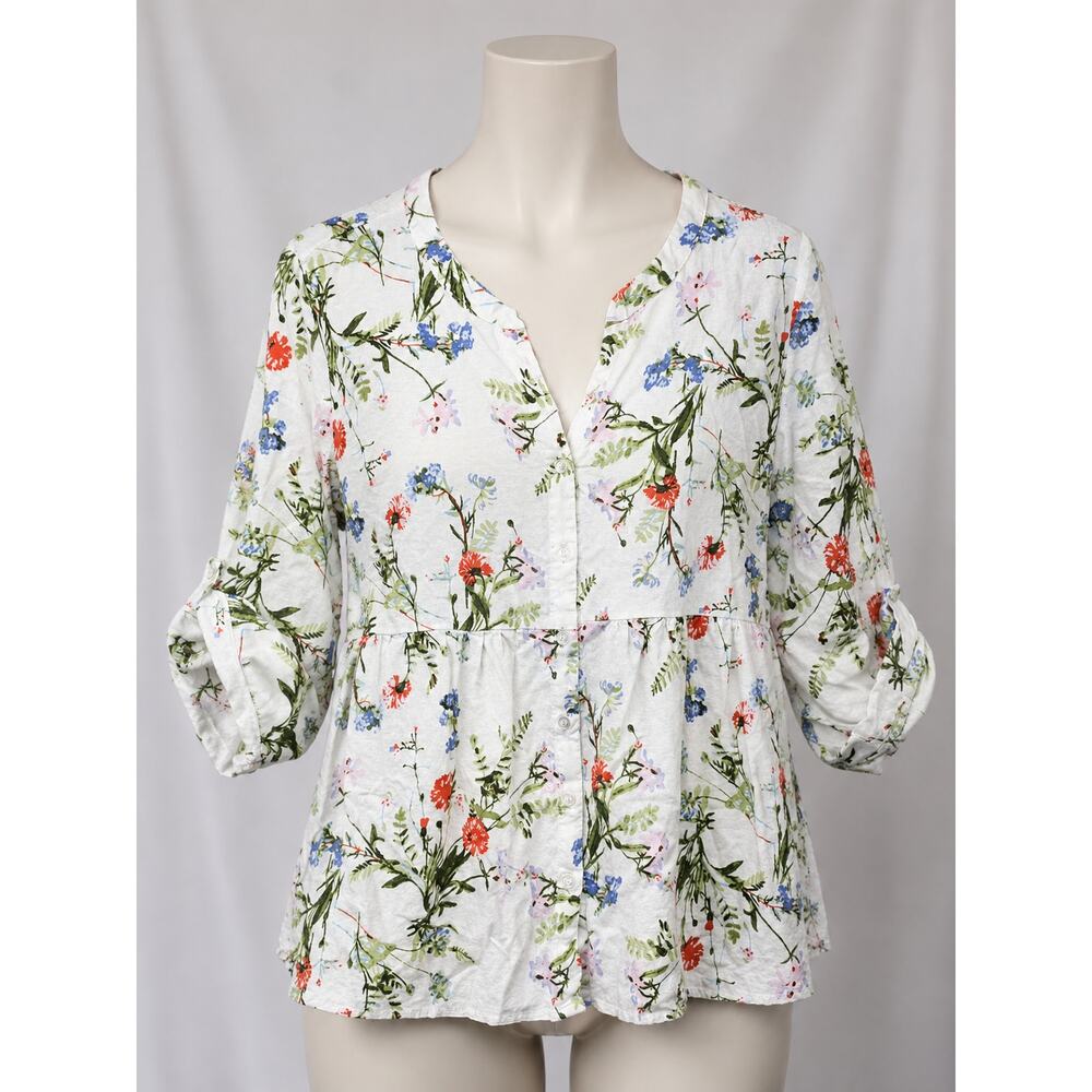 JNY Jones New York 2X Linen Blend Floral Peplum Blouse Roll Tab Sleeves White - Picture 2 of 7